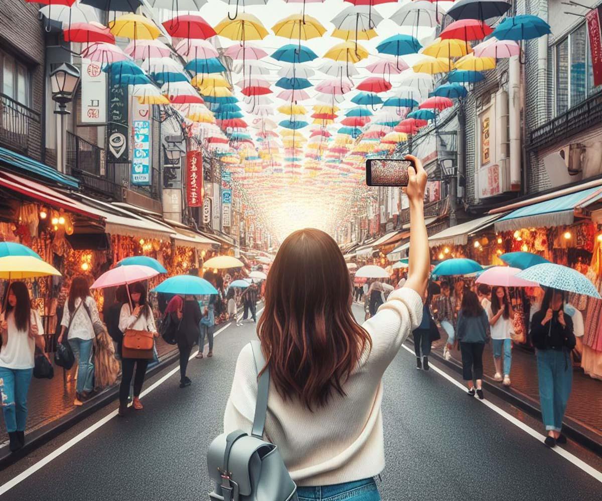 A female is taking selfie in the street with umbrellas.
