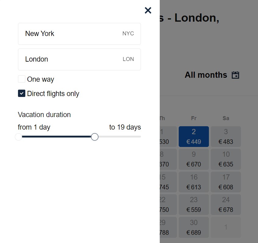Using cheap flight calendar in eurodirections.com
