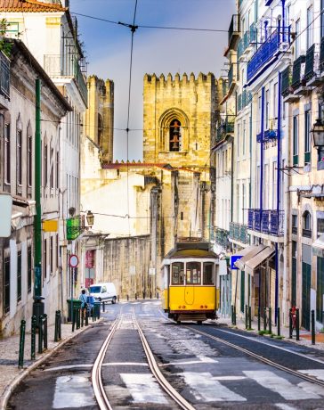 The yellow tram in the streets of Lisbon, Portugal
