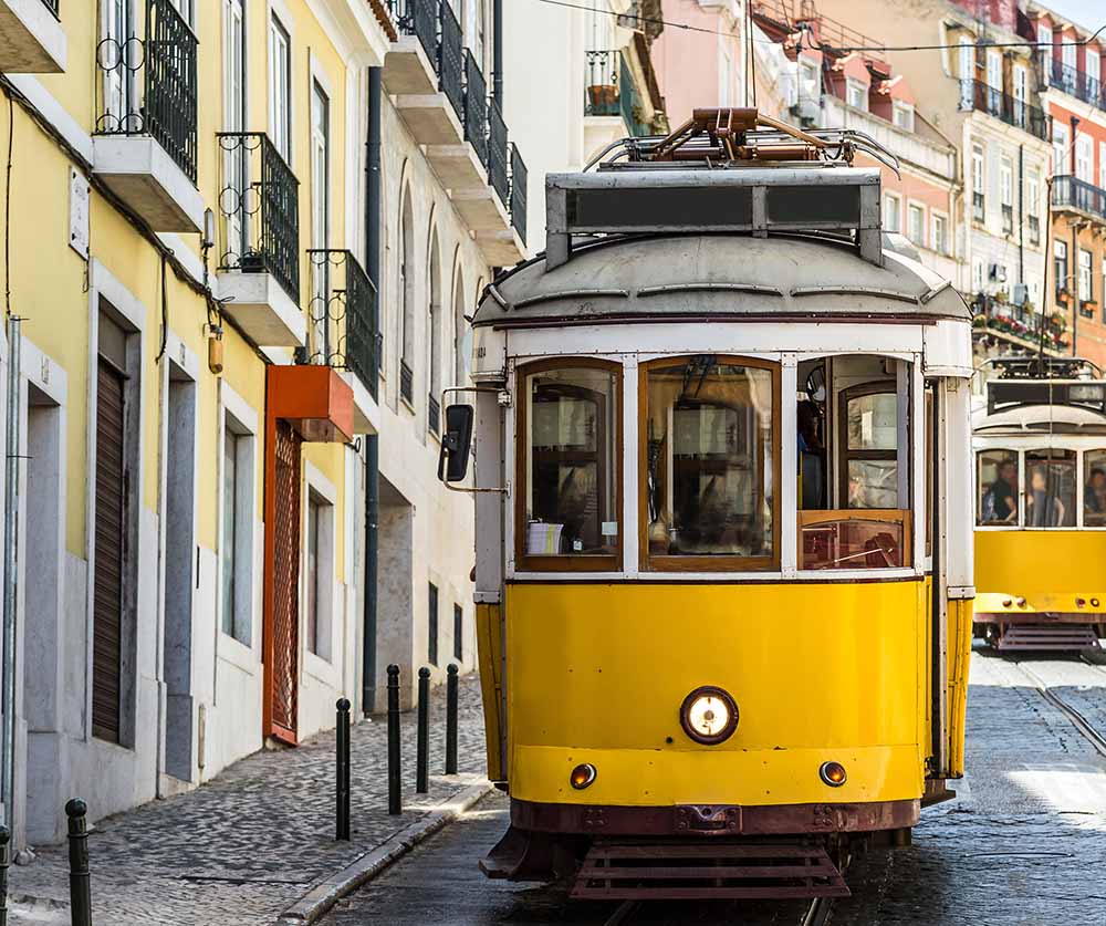 Famous trams in the streets of Lisbon, Portugal