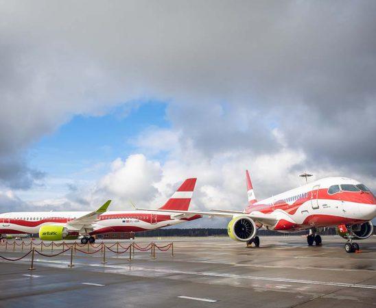 Air Baltic Airbus A220-300 aircraft in the airport