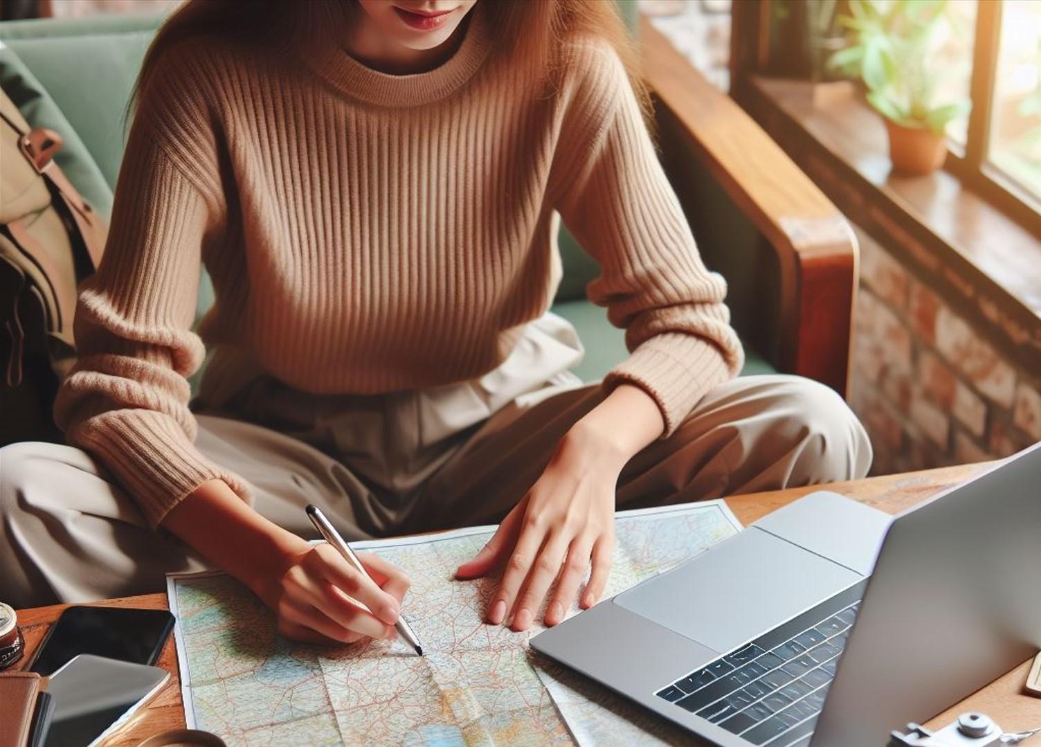 A female is planning a trip in front of the laptop and map.