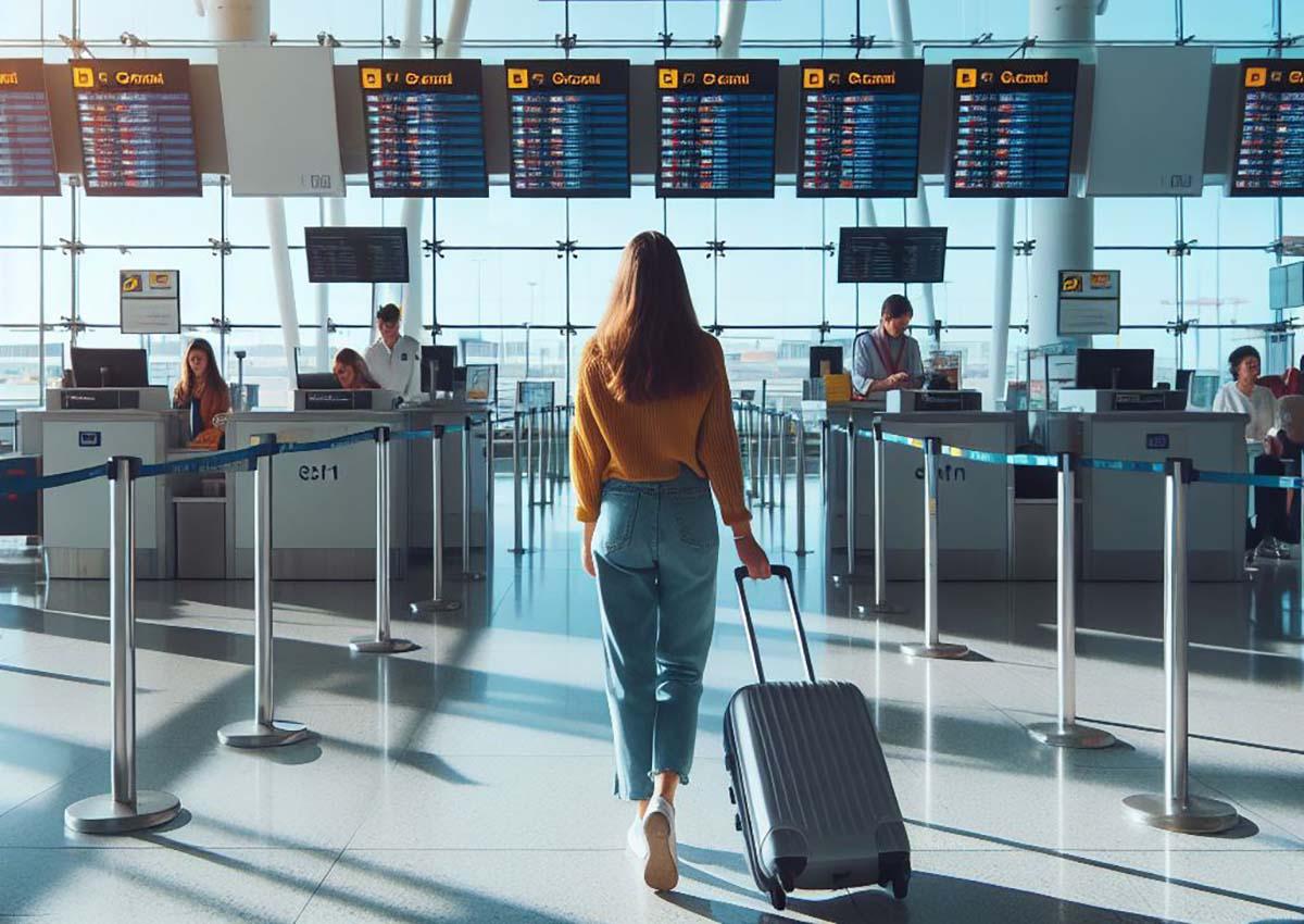 A female tourist is walking towards airport check-in gate in Barcelona Airport.
