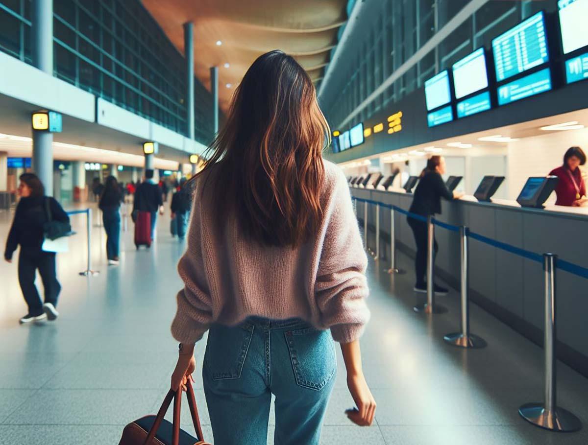 Mujer caminando en el aeropuerto de Barcelona