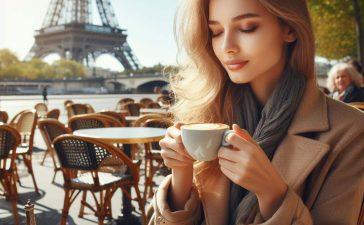 A young female tasting a croissant and cappuccino in Paris, France.