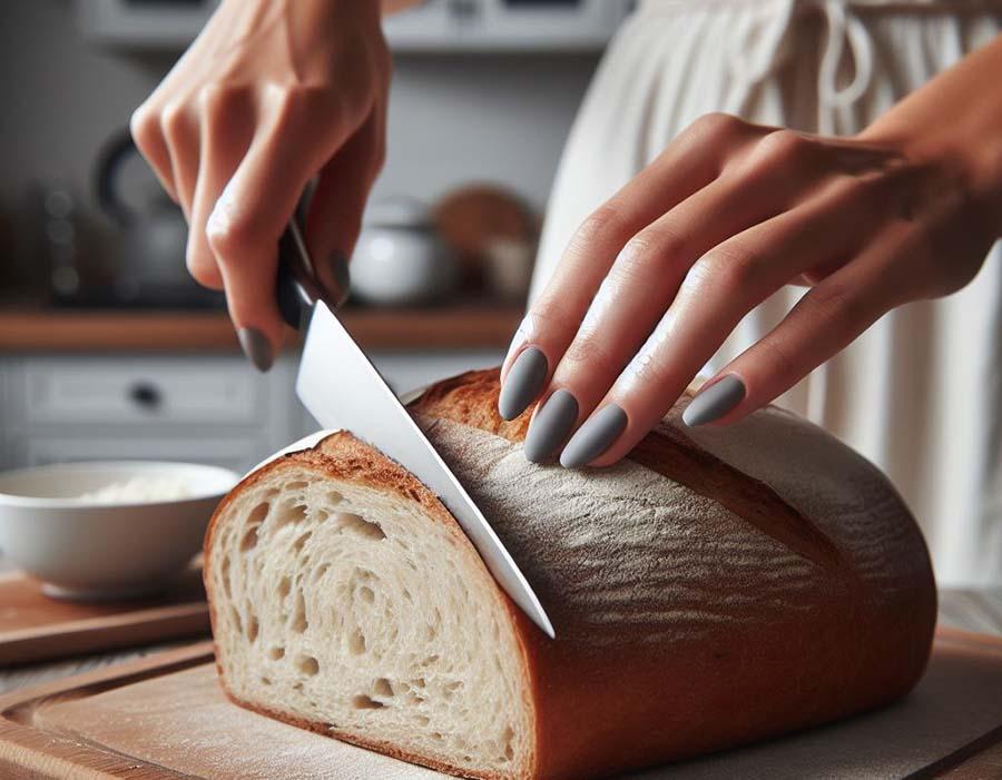A female is cutting a fresh-baked bread in the kitchen. 