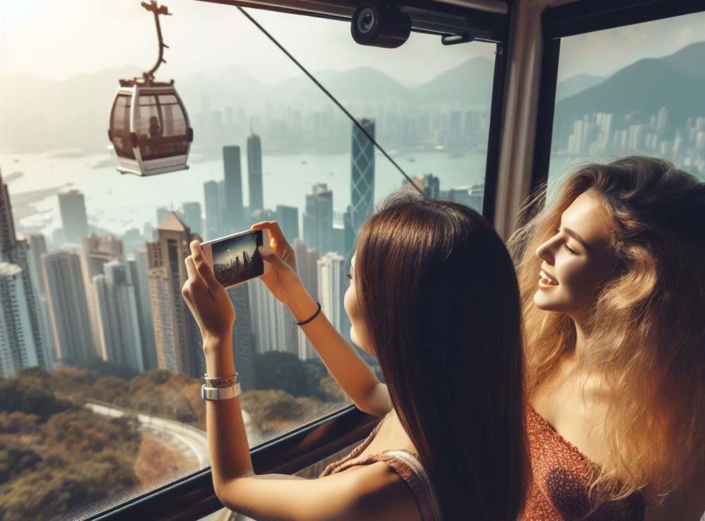 Girlfriends inside cable car taking photos. 