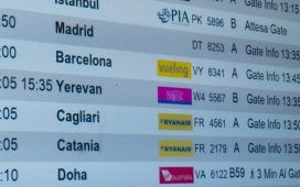 Timetable of the flight schedule in the airport. Barcelona flight is in the focus.