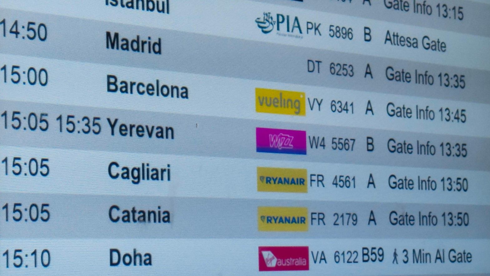 Timetable of the flight schedule in the airport. Barcelona flight is in the focus.