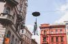The airborne man hanging from the cables, Prague, Czechia.