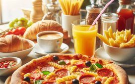 Image of Pizza and snack with juices on the table of the cafeteria.