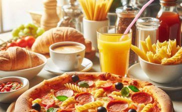 Image of Pizza and snack with juices on the table of the cafeteria.