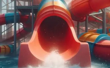 Close up view of the water park slide and the bubbles sparkling from the pool.