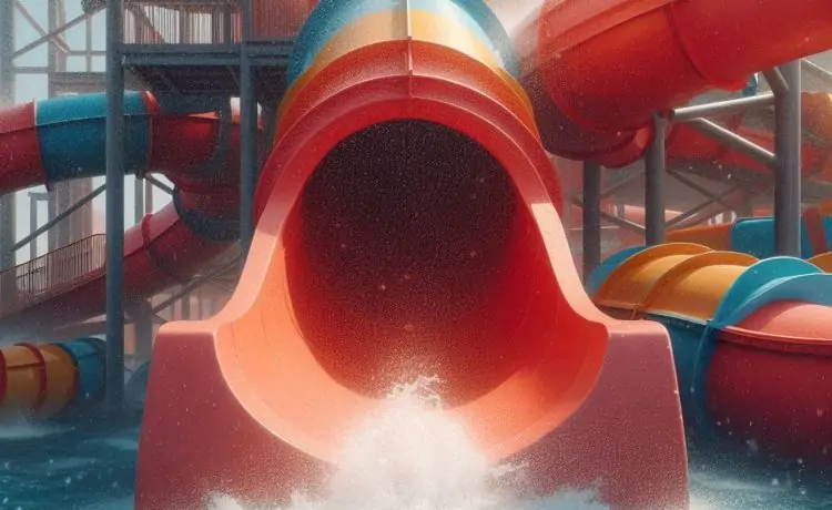 Close up view of the water park slide and the bubbles sparkling from the pool.